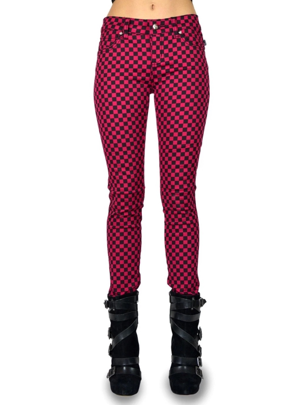 TRIPP EMO GOTH PUNK ROCKER RASPBERRY/BLK CHECKERBOARD JEAN PANTS SKINNY 1